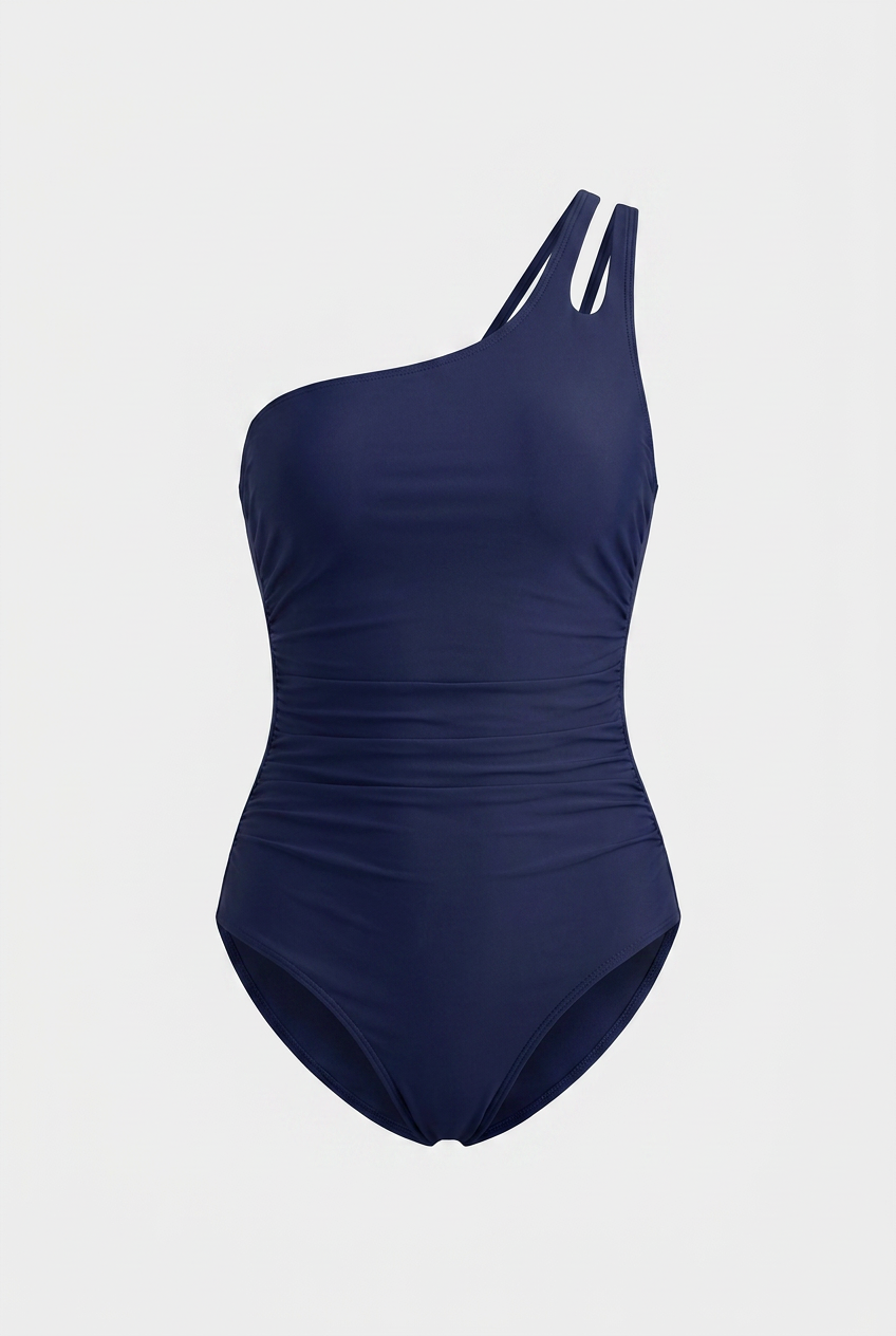 Swimwear : Classic Navy Blue One-Shoulder Swimsuit – Elegant Tummy Control Suit in Navy Blue van Vandaliamo