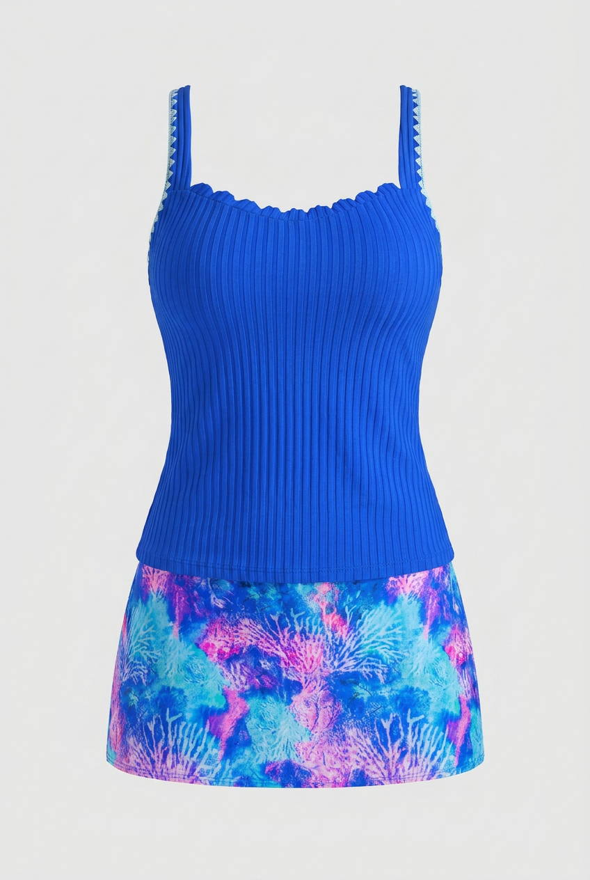 Swimwear : Coral Reef Print Tankini Set – Ocean Blue Ribbed Two-Piece with Swim Skirt in Blue van Vandaliamo