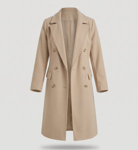 women's coat : Women's Double-Breasted Long Coat with Lapel Collar in Khaki van Vanda Liamo
