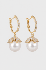 Crystal-Capped Pearl Drop Earrings – Pavé Leverback Hoop & Timeless Elegance