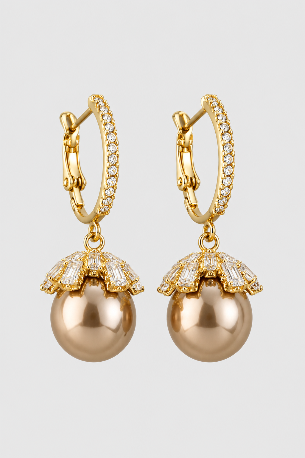 Crystal-Capped Pearl Drop Earrings – Pavé Leverback Hoop & Timeless Elegance