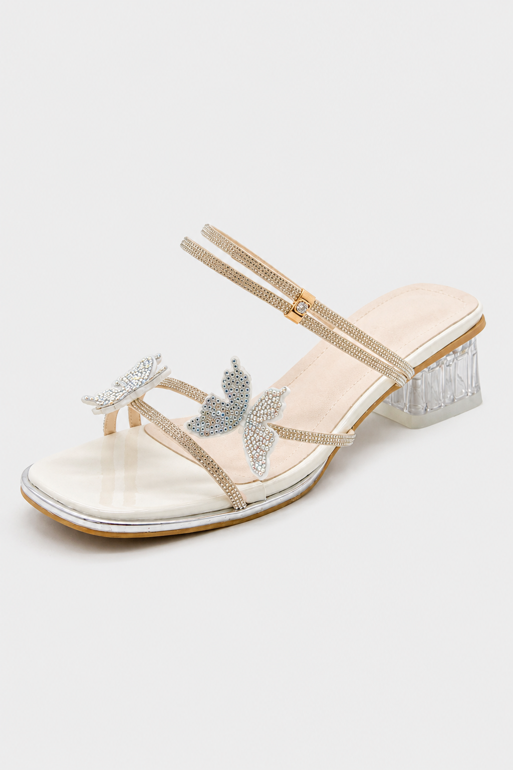 heels : Crystal Butterfly Lucite Block-Heel Sandals – Jewel Embellishment & Modern Glamour in Gold van Vandaliamo