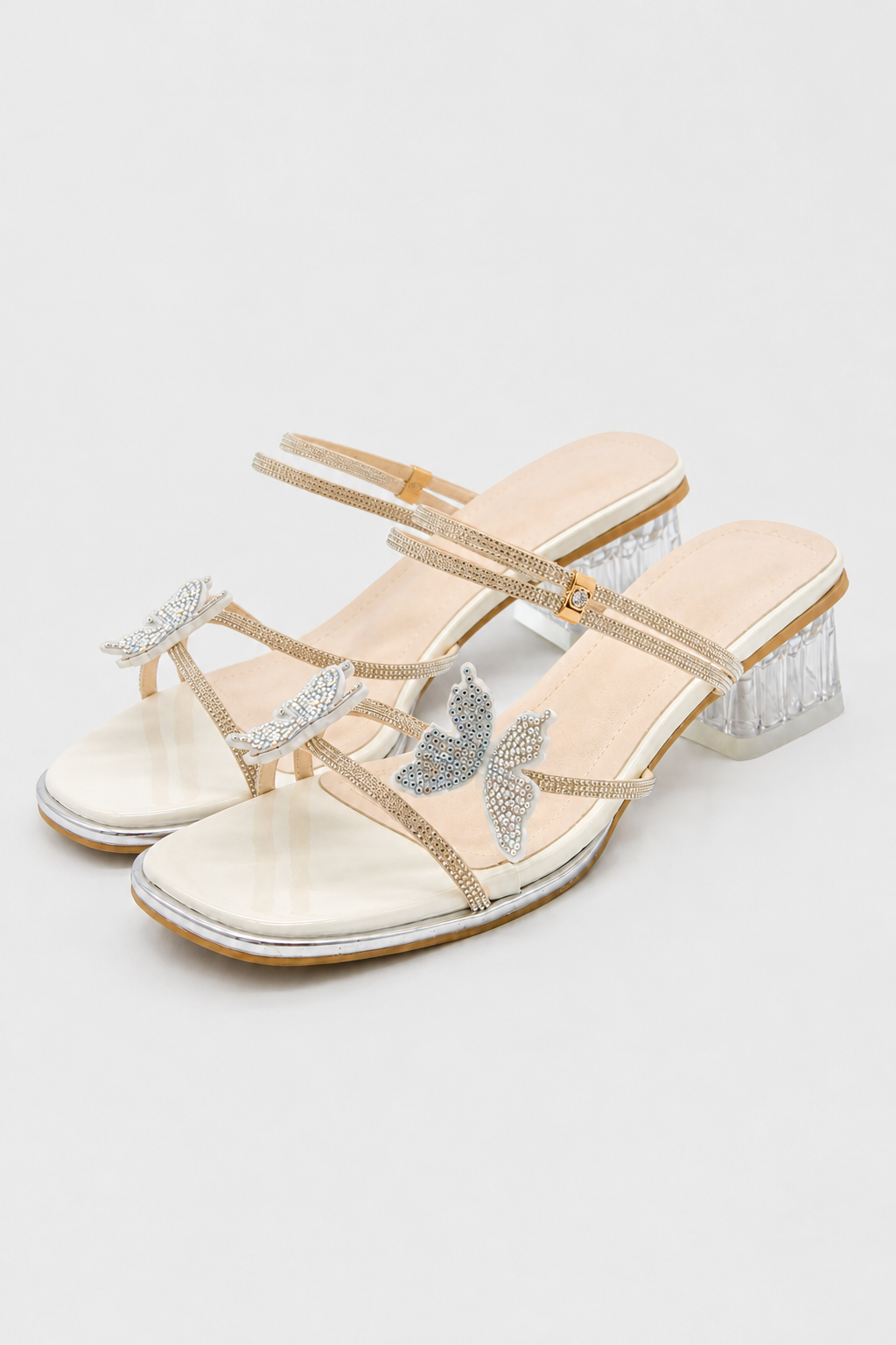 heels : Crystal Butterfly Lucite Block-Heel Sandals – Jewel Embellishment & Modern Glamour in van Vandaliamo