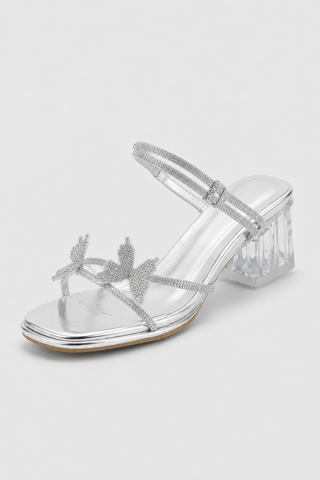 heels : Crystal Butterfly Lucite Block-Heel Sandals – Jewel Embellishment & Modern Glamour in Silver van Vandaliamo