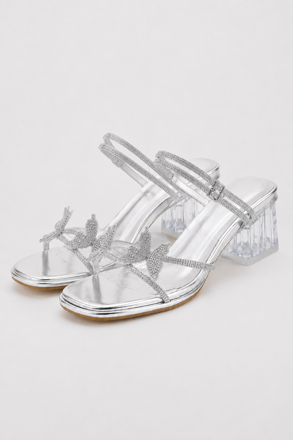 heels : Crystal Butterfly Lucite Block-Heel Sandals – Jewel Embellishment & Modern Glamour in van Vandaliamo
