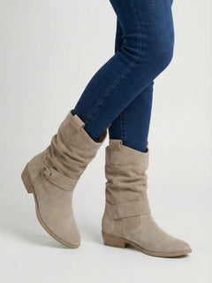 Women's Apricot Suede Block Heel Ankle Boots - Retro Chunky Mid Heel
