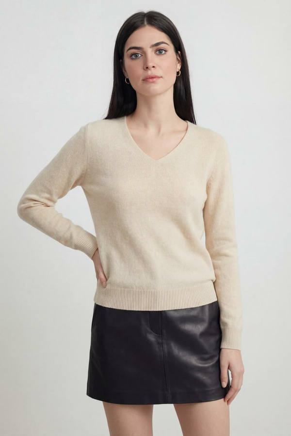 Women's Beige V-Neck Sweater