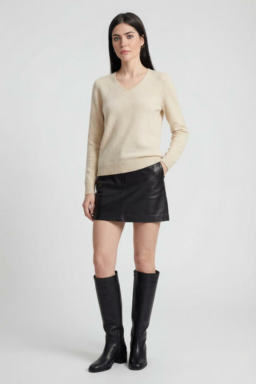 Sweater : Women's Beige V-Neck Sweater in van Vanda Liamo