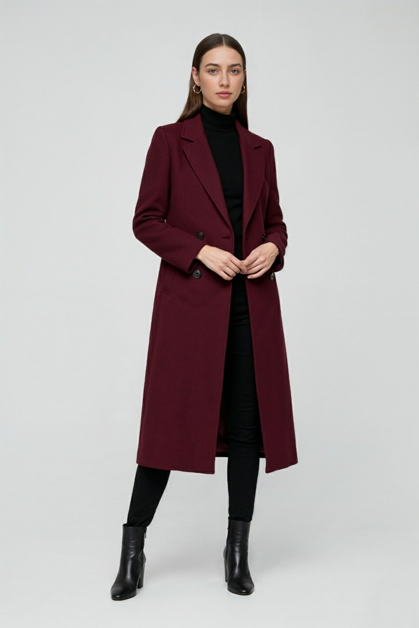 Coat : Women's Burgundy Wool Blend Winter Coat - Sizes S-XL in van Vanda Liamo