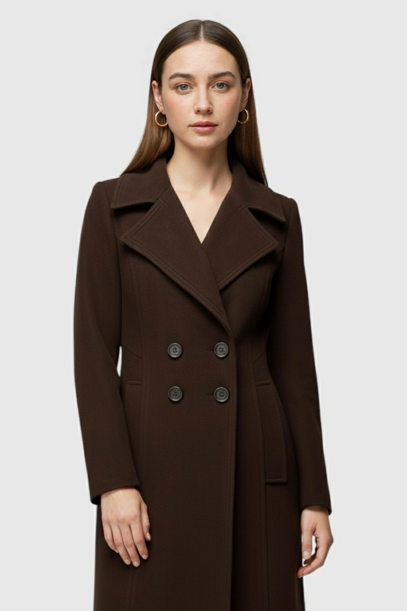 Coat : Women's Trench Coat - Classic Brown Cotton Blend for All-Season Wear in van Vanda Liamo