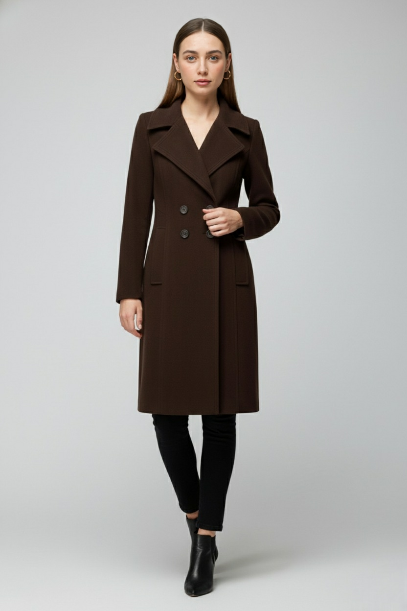 Coat : Women's Trench Coat - Classic Brown Cotton Blend for All-Season Wear in van Vanda Liamo