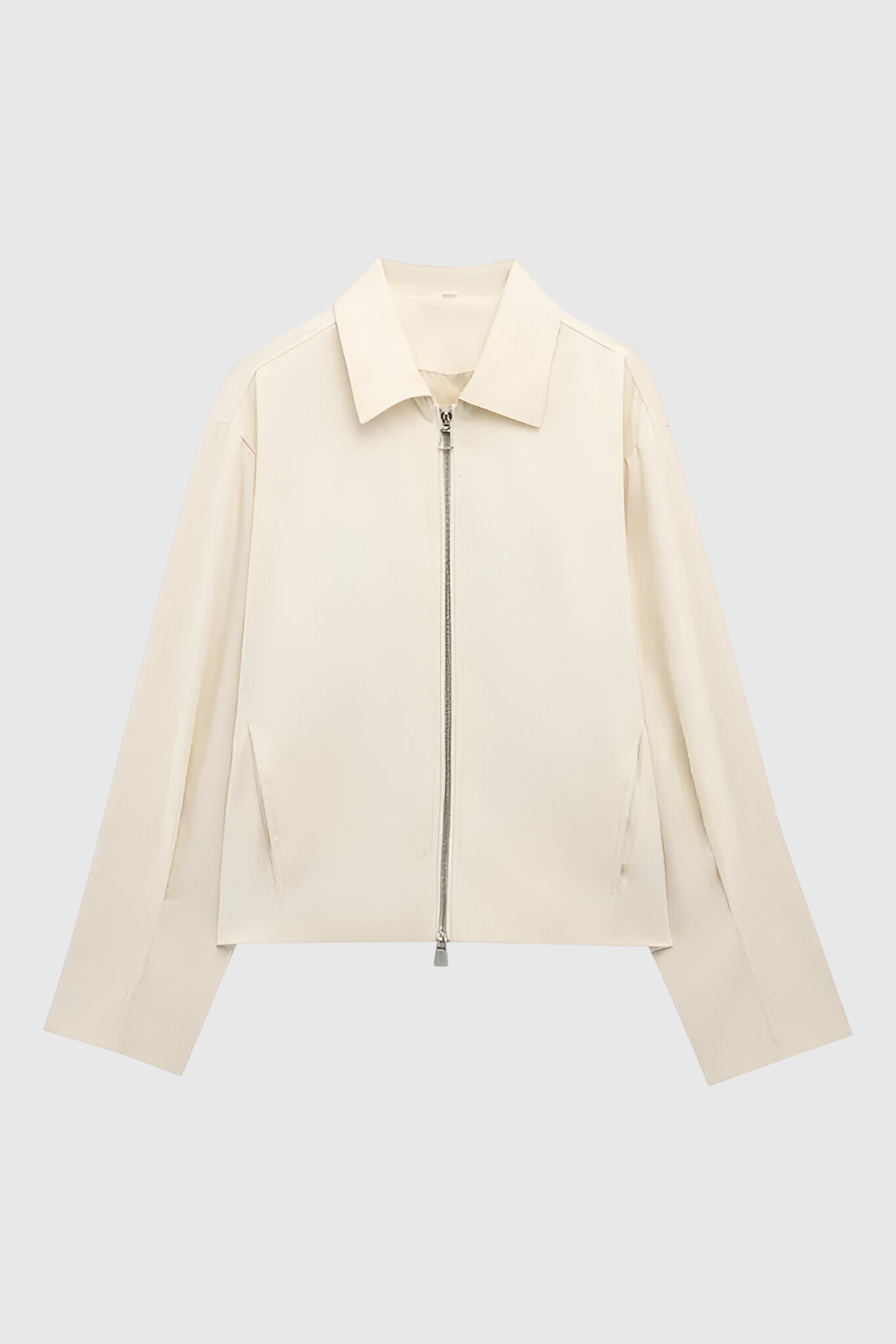 Jacket : Women's Ivory Casual Bomber Jacket with Ribbed Trim in Ivory van Vanda Liamo