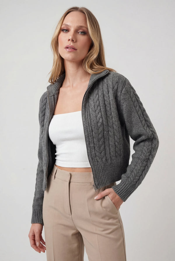 Dames casual donkergrijze gebreide cardigan