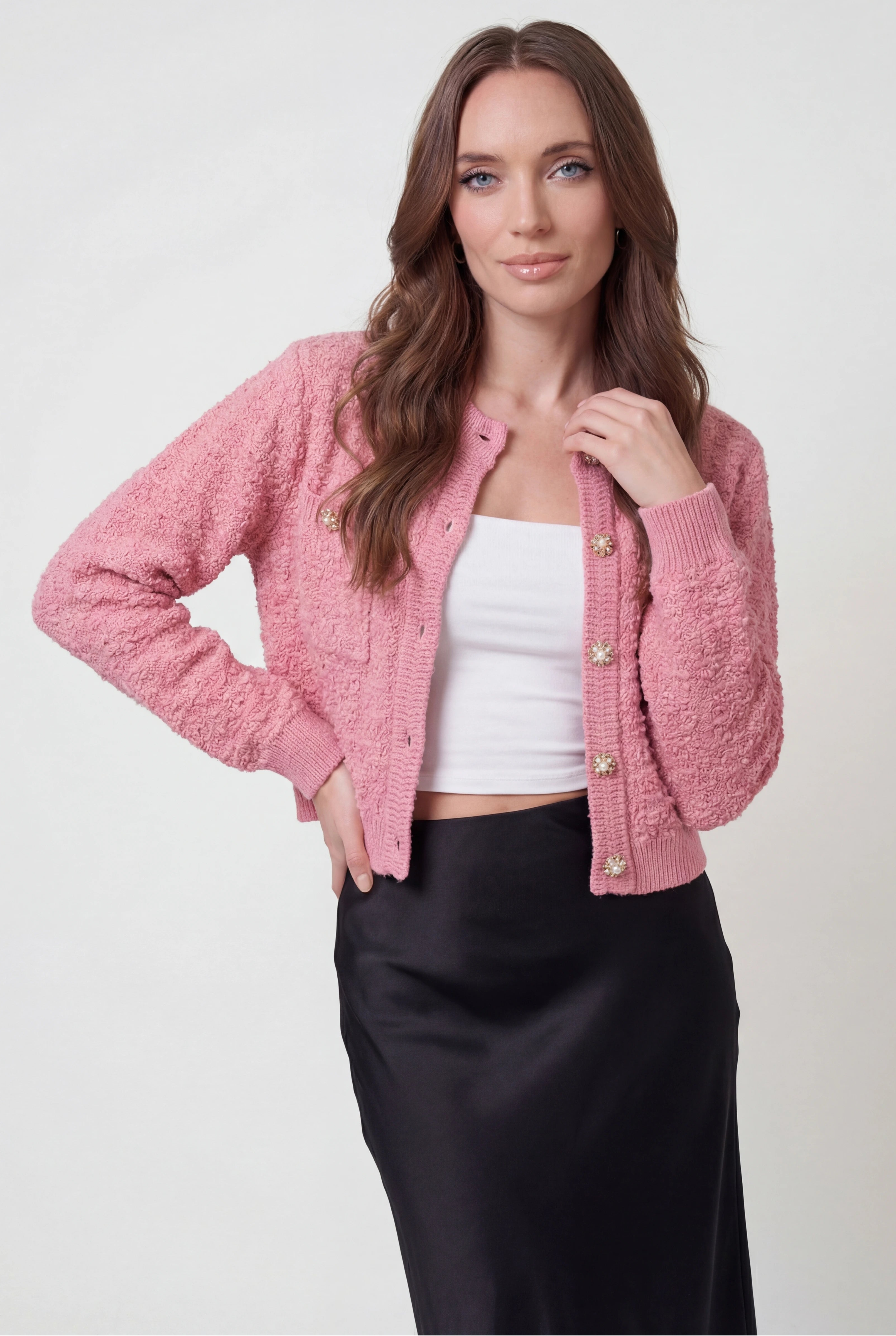 Cardigan : Women's Casual Pink Knit Cardigan in van Vanda Liamo