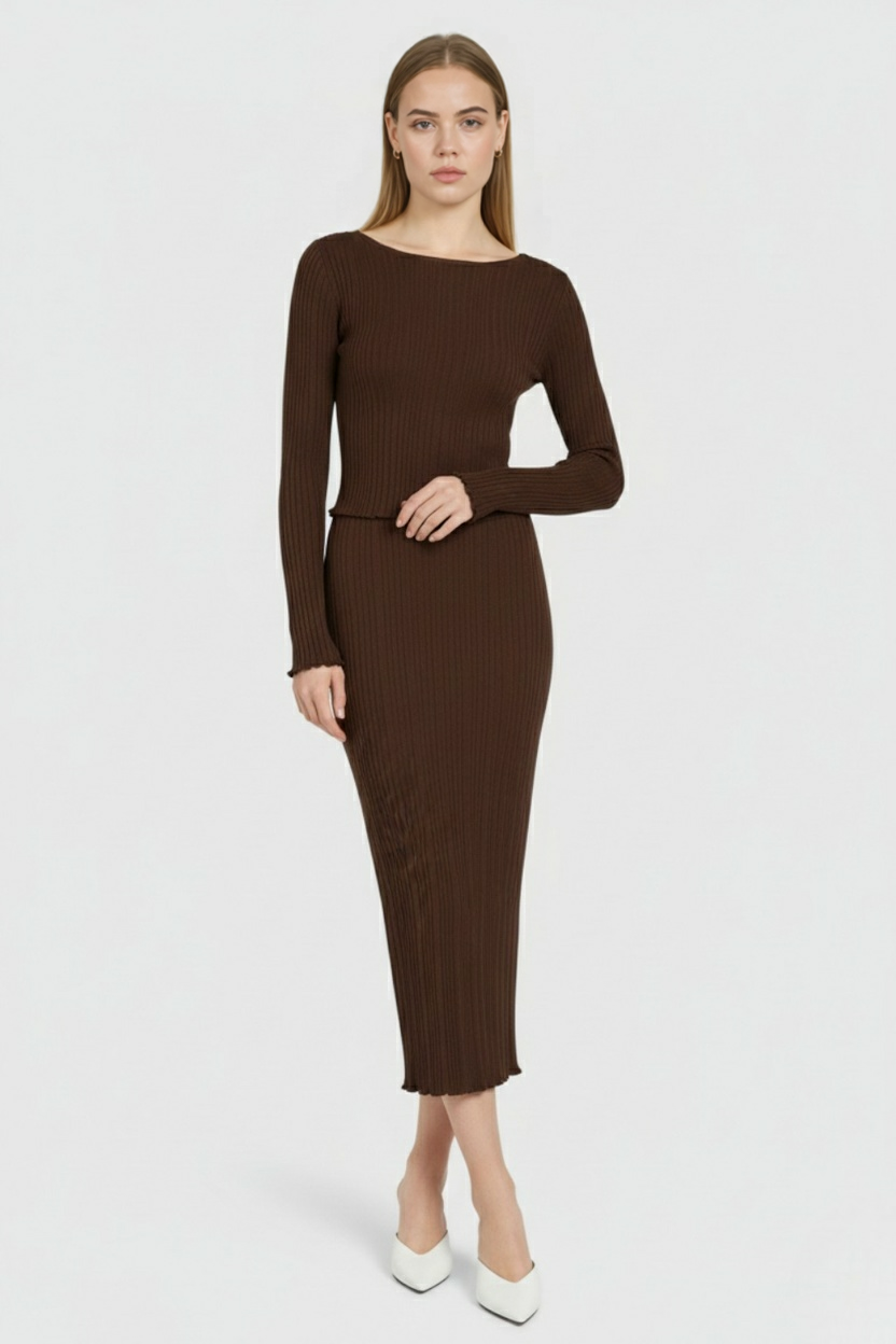 Women's Set : Women's Dark Brown Knit Skirt Suit in van Vanda Liamo