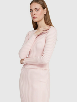 Women's Pink Knit Skirt Suit Set - Two-Piece Ribbed Sweater & Midi Skirt