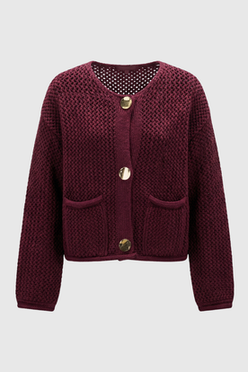 Cardigan : Women's Knit Long Sleeve Cardigan in Burgundy van Vanda Liamo