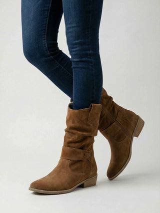 Women's Tan Suede Retro Ankle Boots - Classic Block Heel Style