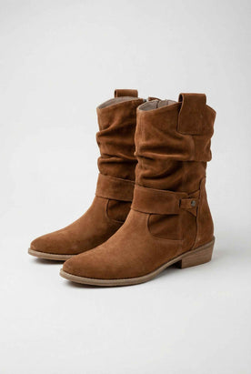 Women's Boots : Women's Tan Suede Retro Ankle Boots with Classic Block Heel in Tan One Size van Vanda Liamo