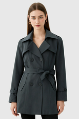 Women's Gray Mid-Length Double-Breasted Trench Coat with Belt