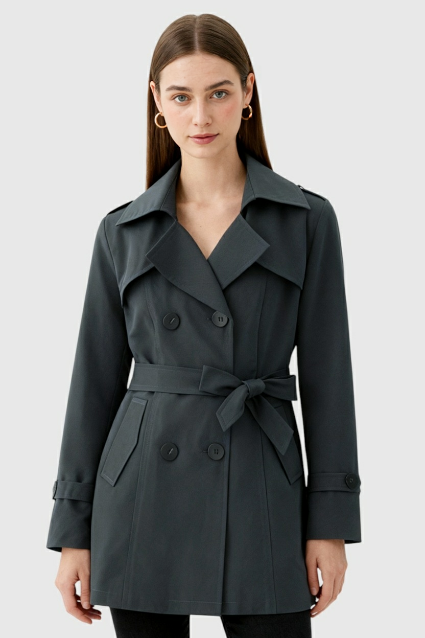 Coat : Women's Gray Mid-Length Double-Breasted Trench Coat with Belt in van Vanda Liamo