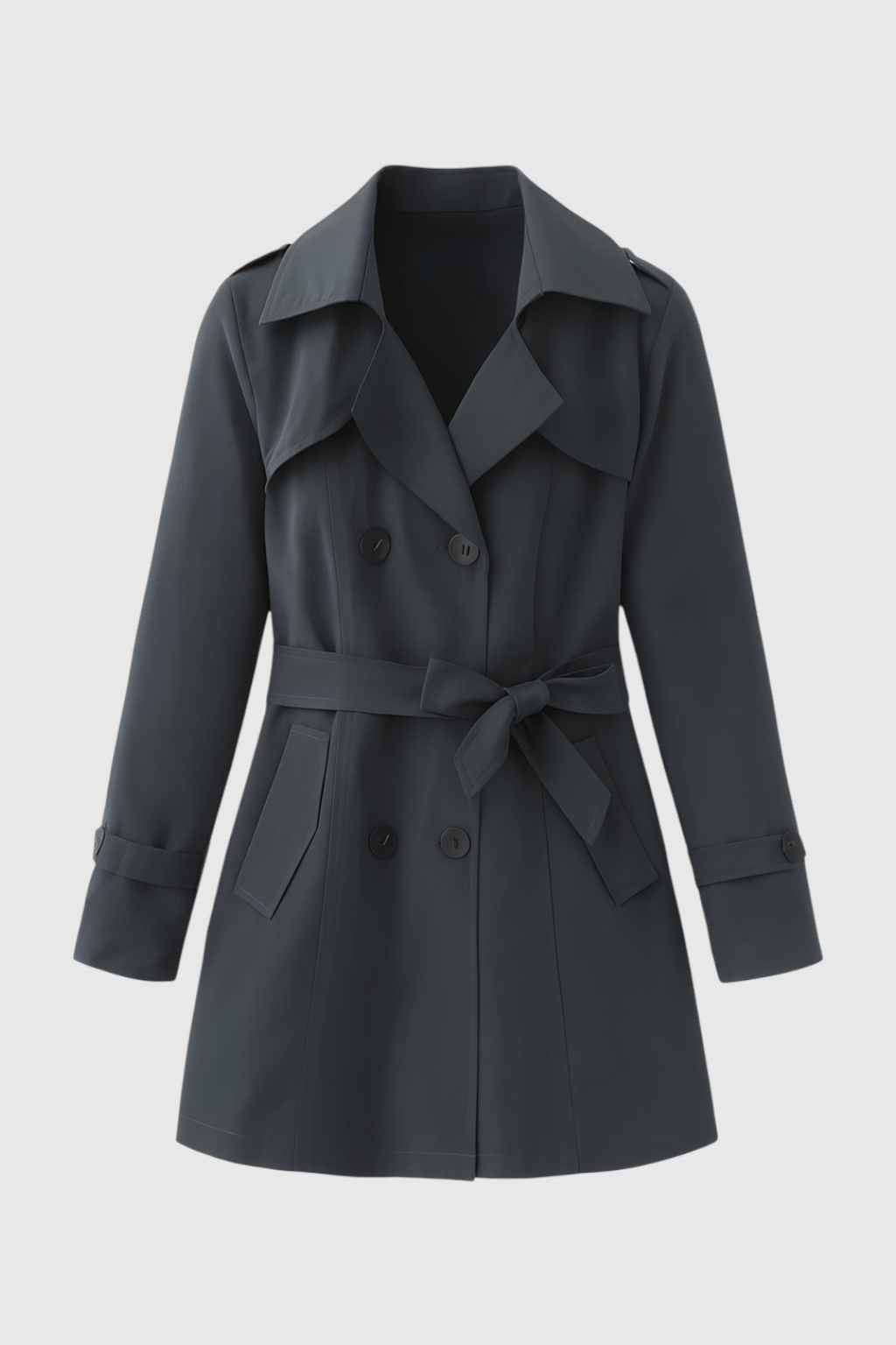 Coat : Women's Gray Mid-Length Double-Breasted Trench Coat with Belt in Grey van Vanda Liamo