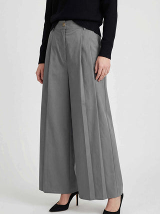 Women's Gray High-Waisted Palazzo Pants - Flowy Wide Leg Casual Trousers