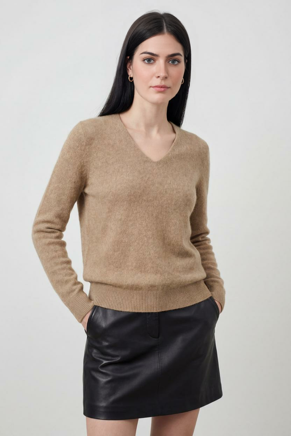 Women's Khaki V-Neck Sweater