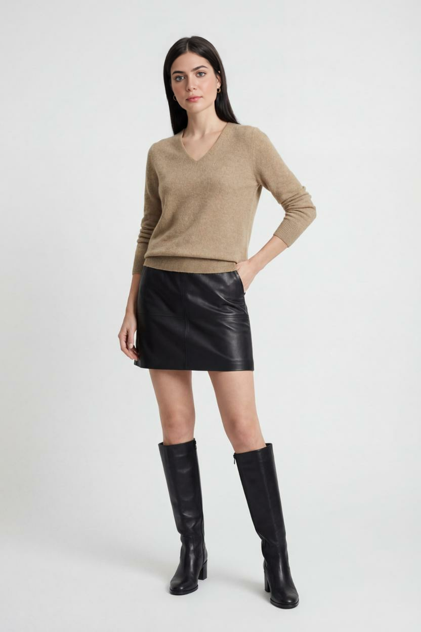 Sweater : Women's Khaki V-Neck Sweater in van Vanda Liamo