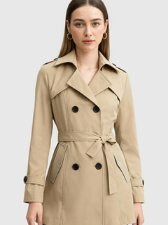 Women's Khaki Double-Breasted Mid-Length Trench Coat with Belted Waist