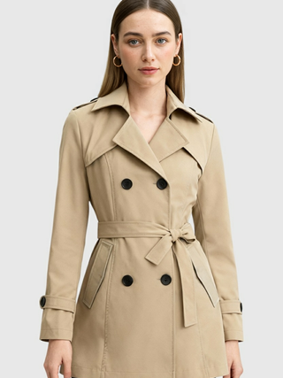 Women's Khaki Double-Breasted Mid-Length Trench Coat with Belted Waist