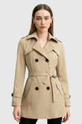 Women's Khaki Double-Breasted Mid-Length Trench Coat with Belted Waist