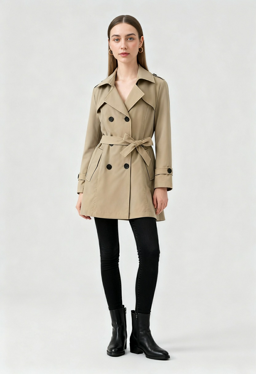 Coat : Women's Khaki Double-Breasted Mid-Length Trench Coat with Belted Waist in van Vanda Liamo