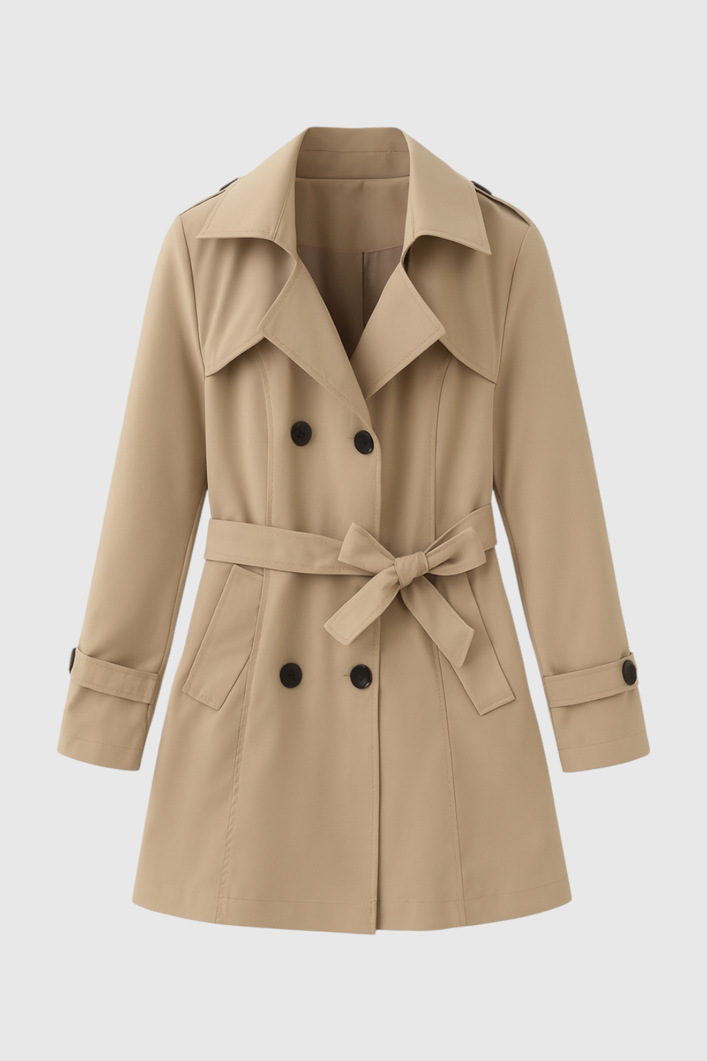 Coat : Women's Khaki Double-Breasted Mid-Length Trench Coat with Belted Waist in Khaki van Vanda Liamo