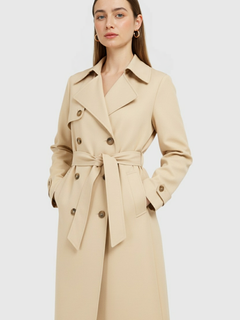 Women's Long Beige Trench Coat with Belt