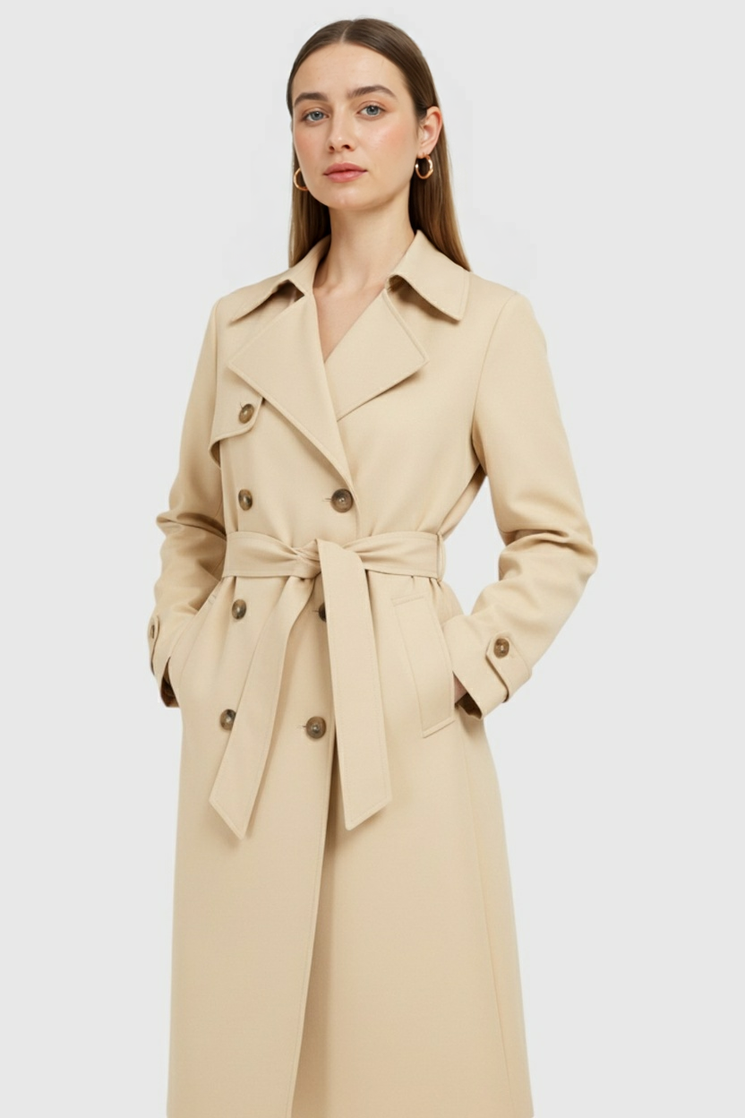 Coat : Women's Long Beige Trench Coat with Belt in van Vanda Liamo