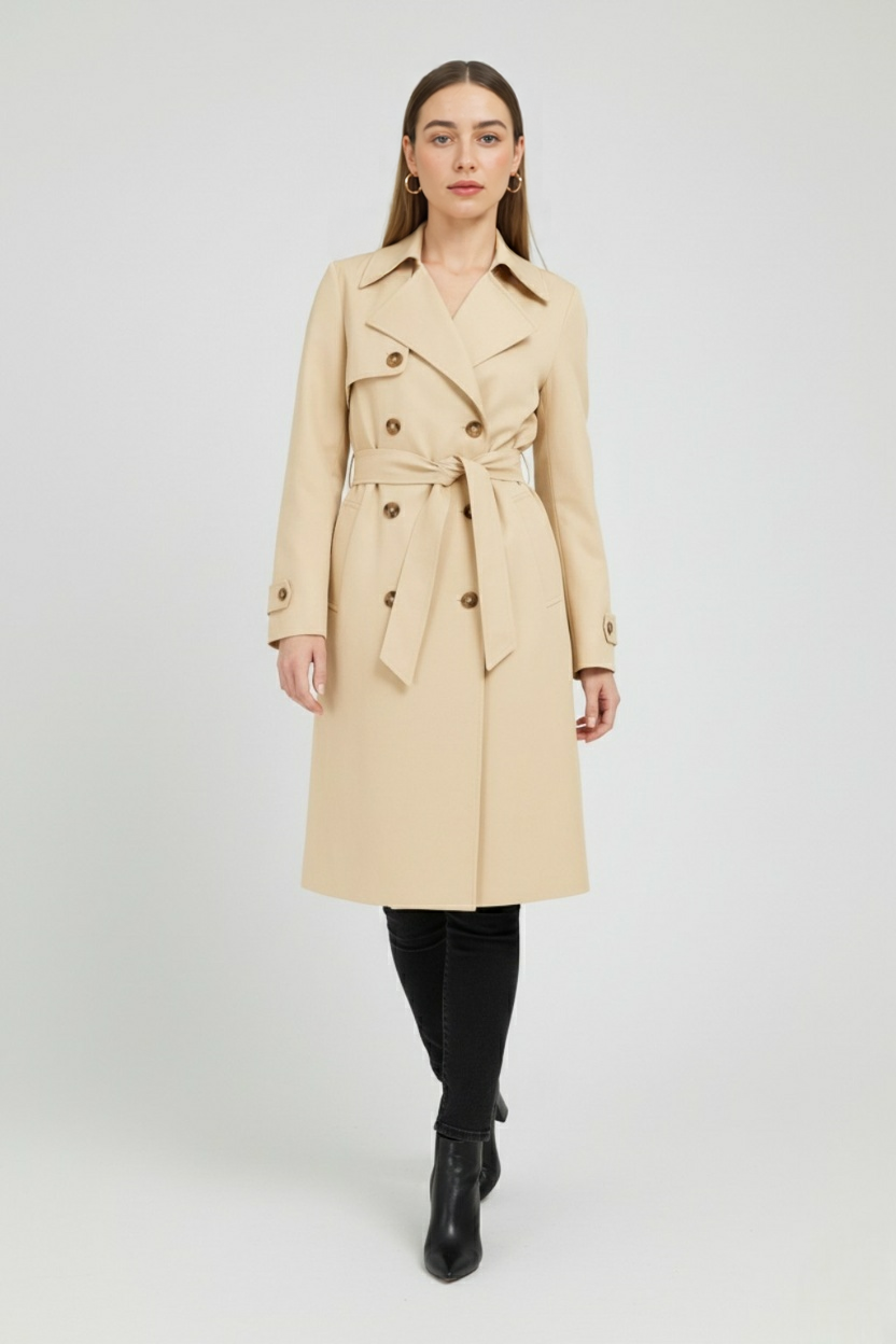 Coat : Women's Long Beige Trench Coat with Belt in van Vanda Liamo