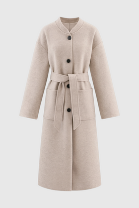 Coat : Women's Long Beige Winter Coat with Crew Neck in Beige van Vanda Liamo
