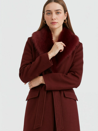 Women's Burgundy Long Faux Fur Collar Winter Coat for Cold Weather