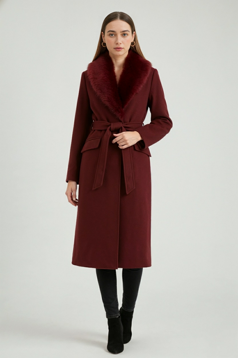 Coat : Women's Burgundy Long Faux Fur Collar Winter Coat for Cold Weather in van Vanda Liamo