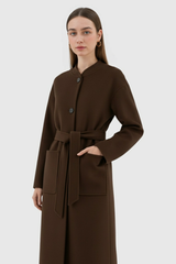 Women's Long Brown Winter Coat - Crew Neck, Warm & Stylish