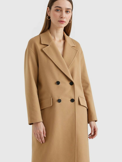 Women's Long Brown Double-Breasted Coat with Flip Collar