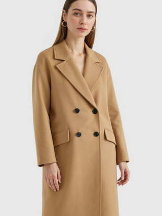 Women's Long Brown Double-Breasted Coat with Flip Collar