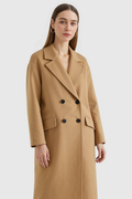 Women's Long Brown Double-Breasted Coat with Flip Collar