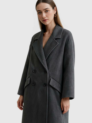 Women's Long Dark Gray Winter Coat with Fold-Over Collar