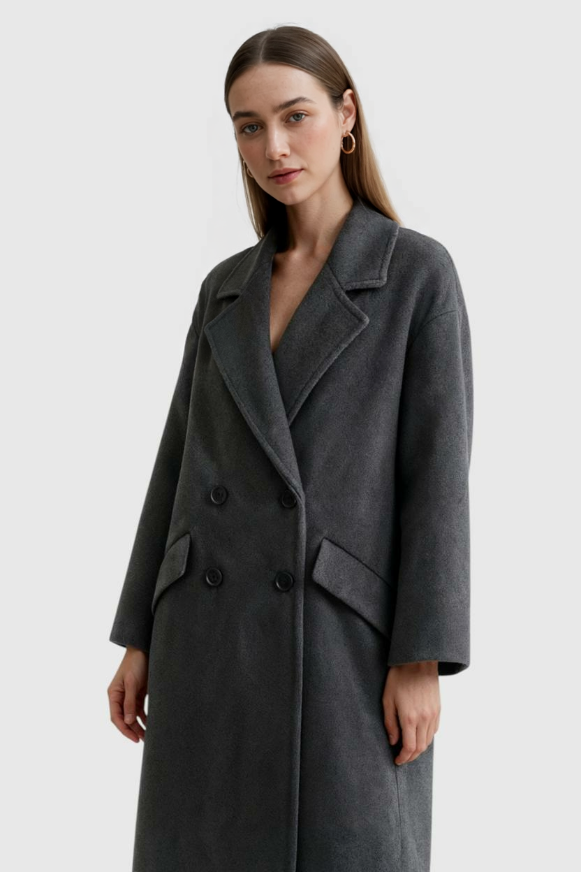 Coat : Women's Long Dark Gray Winter Coat with Fold-Over Collar in van Vanda Liamo