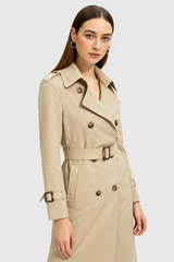 Abrigo tipo trench caqui para mujer de doble botonadura con cinturón - Estilo clásico y largo