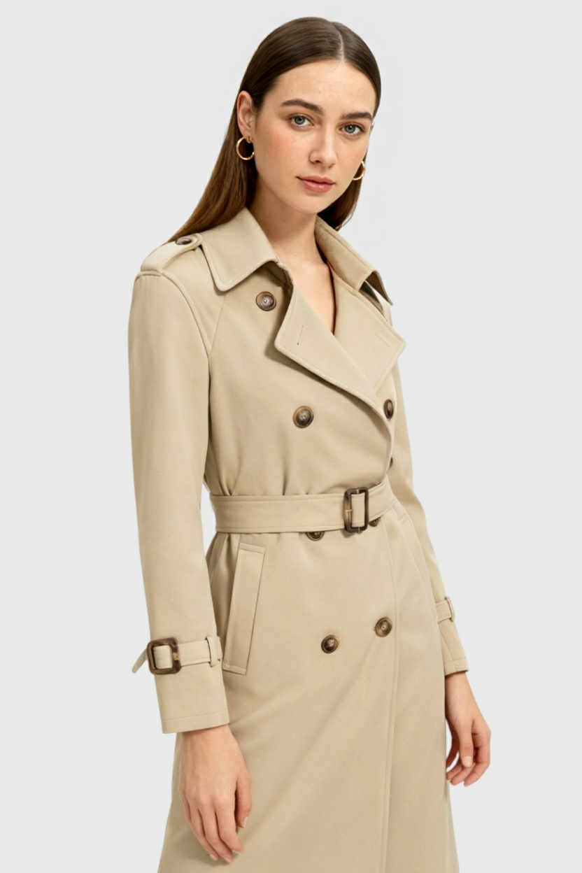 Coat : Women's Classic Khaki Double-Breasted Trench Coat with Belt - Long & Stylish in van Vanda Liamo