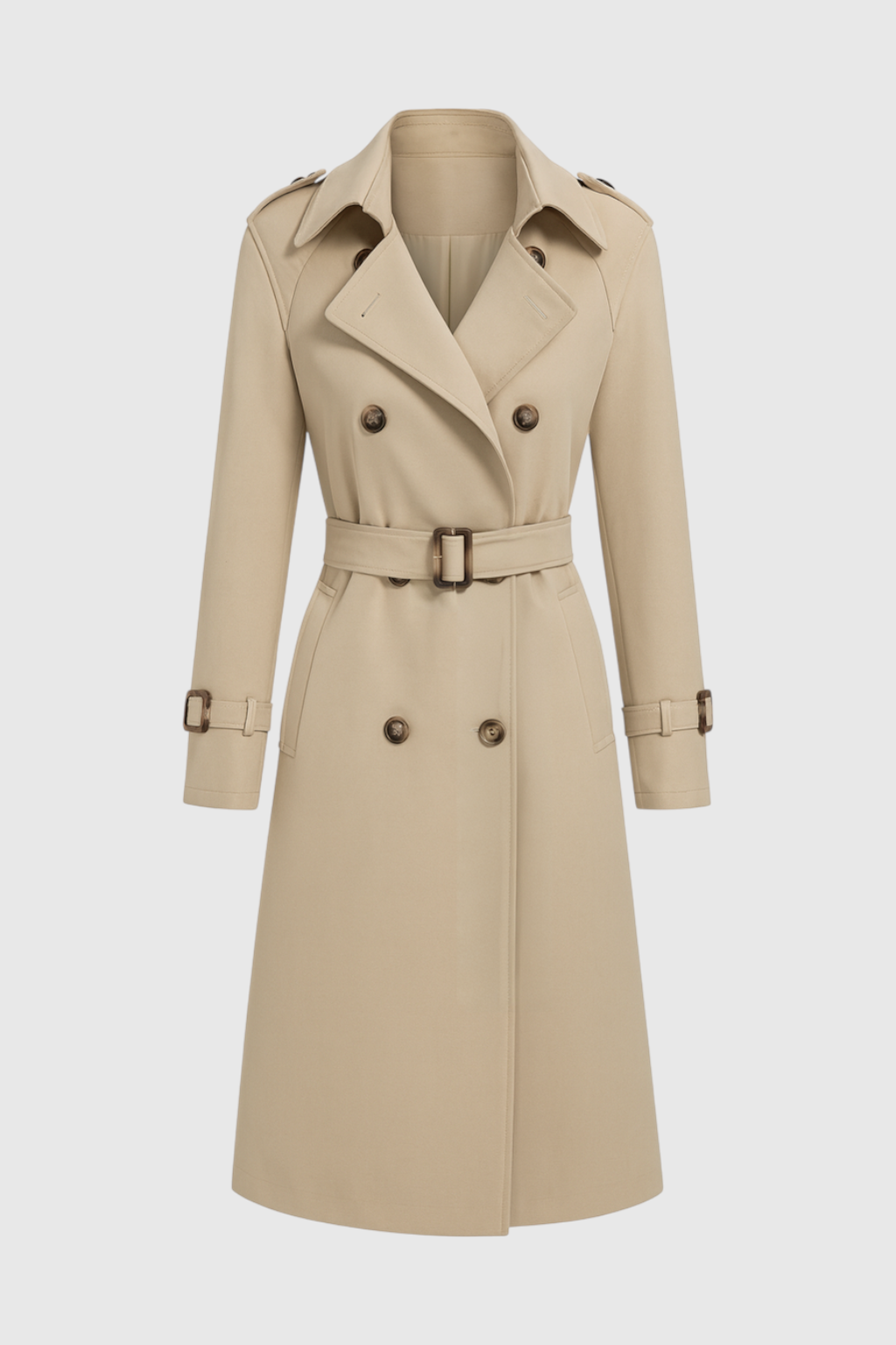 Coat : Women's Classic Khaki Double-Breasted Trench Coat with Belt - Long & Stylish in Khaki van Vanda Liamo