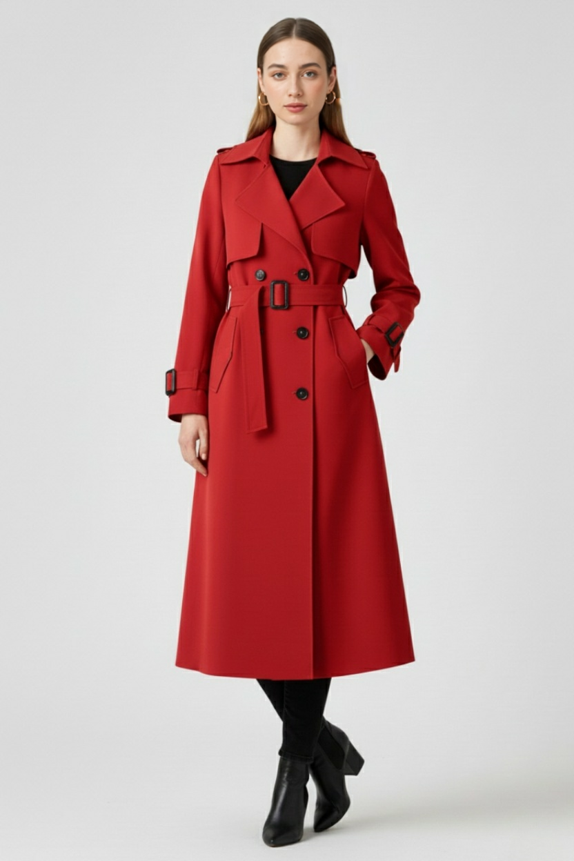 Coat : Women's Red Cotton Blend Double-Breasted Trench Coat with Belt - Long Raincoat in van Vanda Liamo